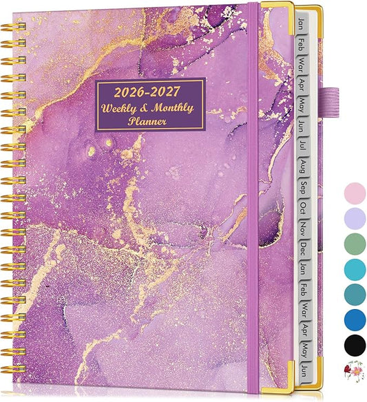 Planner 2026-2027, 18 Months Weekly and Monthly Hardcover Planner, January 2026 - June 2027, 8.5" x 11" A4 Large Daily Calendar Planner Book with Tabs, Spiral Yearly Agenda Organizer Notebook for School Work Home, Purple Marble