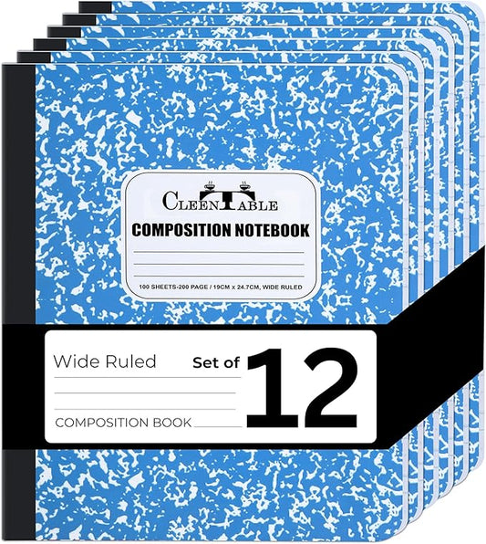 CLEENTABLE Composition Notebook 12 Pack, Wide Ruled Paper, Marble Cover Notebooks for School, 9.75 x 7.5 Inches, 100 Sheets (200 Pages), Sewn Binding Comp Books, Blue