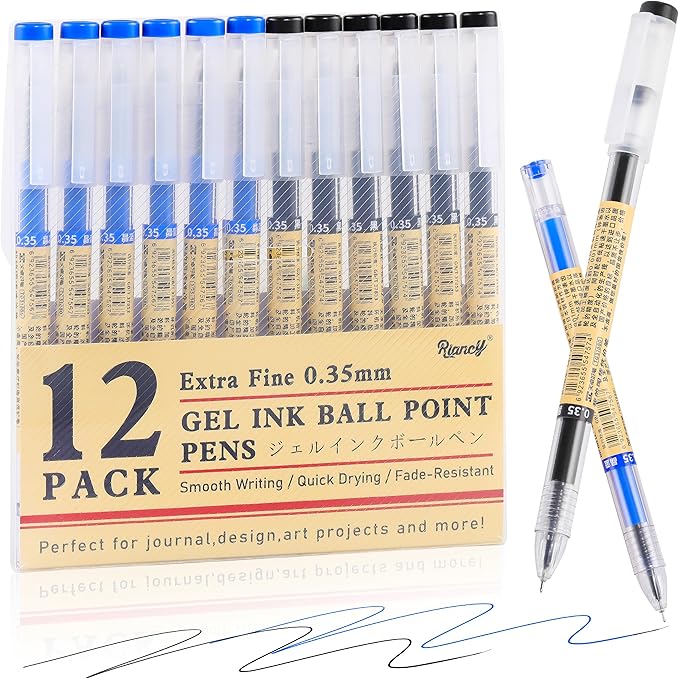 12 Pack Gel Ink Pens (6 Black + 6 Blue), 0.35mm Extra Fine Point Tip, Japanese Style Stationery Quick Dry No Smear No Bleed, Smooth Writing Pen for Journaling Note Taking Office School Supplies