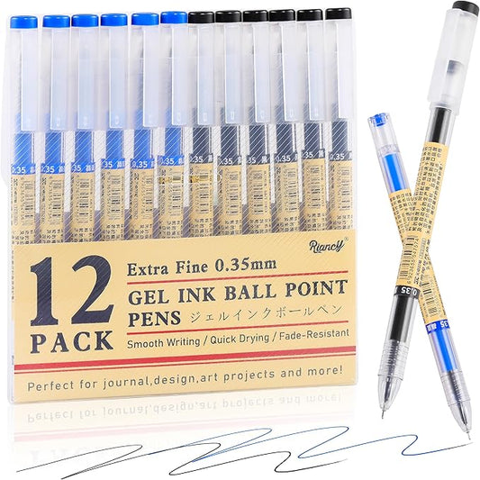 RIANCY 12 Pack Gel Ink Pens (6 Black + 6 Blue), 0.35mm Extra Fine Point Tip, Japanese Style Stationery Quick Dry No Smear No Bleed, Smooth Writing Pen for Journaling Note Taking Office School Supplies
