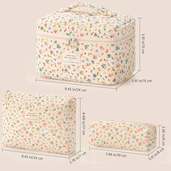 HBselect Quilted Makeup Bag, 3Pcs Cotton Large Travel Makeup Bags Organizer | Cute Floral Make up Bag Cosmetic Bag Toiletry Bag for Women Girls, Makeup Pouch for Skincare, Brushes & Travel Essentials