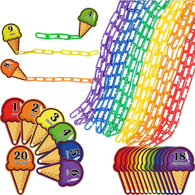 RAINBOW TOYFROG Chain Link Math Manipulatives - 240 C Clips Plastic Chain Links & 20 Ice Cream Cards for Counting & Linked Math Game - Learning Resources for Kindergarten Sensory
