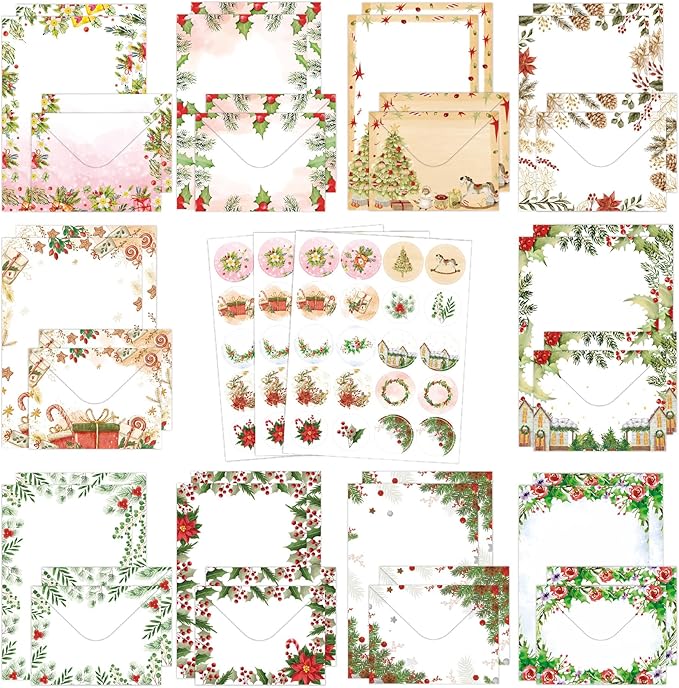 160 PCS Christmas Stationery Set with Envelopes and Stickers, 50 Writing Papers 50 Matching Envelopes 60 Seal Stickers, Holiday Letter Writing Set for Xmas Greeting Cards Invitations Party