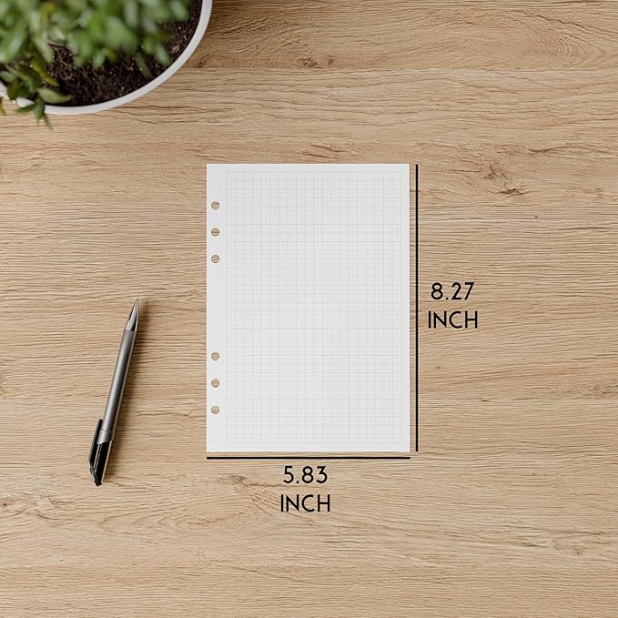 A5 Graph Paper Refill, 6-Hole Punched, Quad Ruled, 120GSM, 200 Sheets (400 Pages), 5.83 x 8.27 inches, 1/4 Inch Squares for 6-Ring Planner Binders