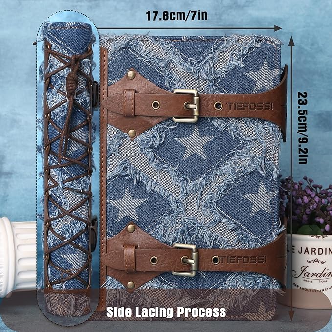 TIEFOSSI Denim Journal for Women Men, Vintage PU Leather Journals, College Ruled Notebook with 6 Ring Binder, Refillable Notebooks with Pockets for School Travel Sketch 7 x 9.2 in