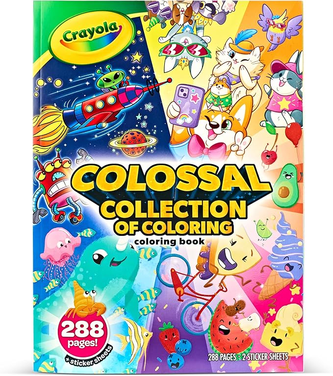 Crayola Colossal Collection of Coloring, 288 Coloring Book Pages, 2 Sticker Sheets, Coloring Book for Kids & Adults, Toddler Travel Activity, 3+