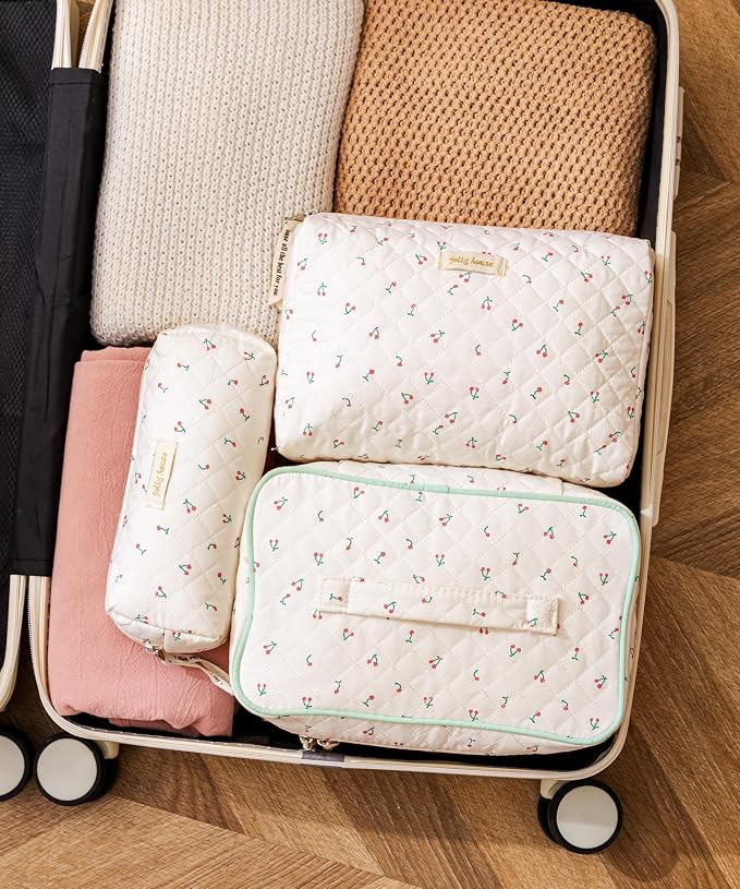 HBselect Quilted Makeup Bag, 3Pcs Cotton Large Travel Makeup Bags Organizer | Cute Floral Make up Bag Cosmetic Bag Toiletry Bag for Women Girls, Makeup Pouch for Skincare, Brushes & Travel Essentials