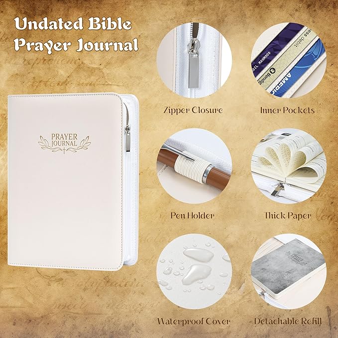Ospelelf Leather Prayer Journal for Women with Zipper Closure, Portable Travel Size Bible Notebook with Storage Pockets, Undated 3 Months Devotional Diary for Christian Gift, Gratitude Prayer Book, White