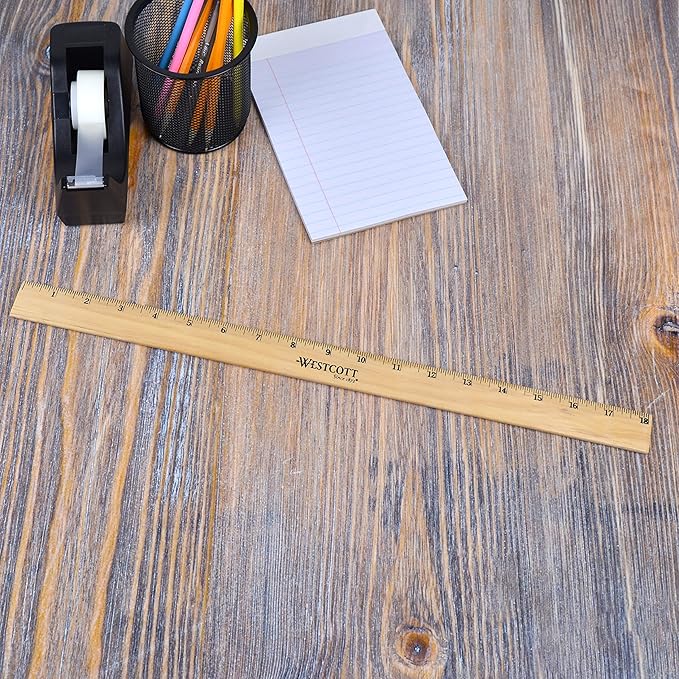 Westcott 18-Inch Wooden Ruler with Single Metal Edge, Clear Lacquer Finish, 12-Pack (05018)