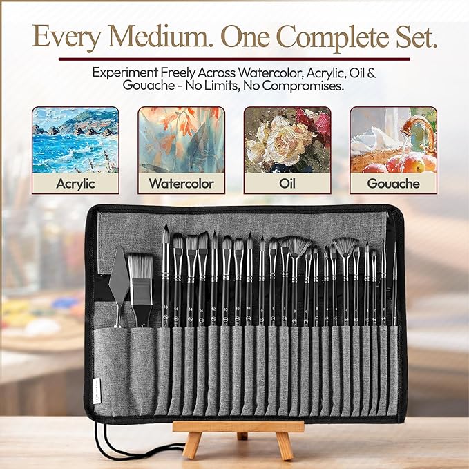 Flow & Hue 25 Pce Professional Paint Brush Set – Acrylic, Watercolor, Oil & Gouache - 9 Brush Shapes (Flat, Round, Filbert, Fan, Angle, Liner) + Palette Knife & Waterproof Canvas Roll Case for Artists