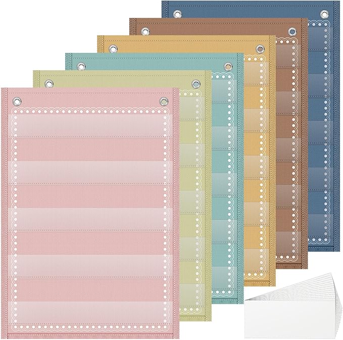 Gueevin 6 Set Magnetic Pocket Chart with 5 Clear Pockets and 30 Dry Erase Cards Painted Classroom Schedule Pocket Chart for Whiteboard Class Demonstrations(Vintage Color,Stripes Pattern)