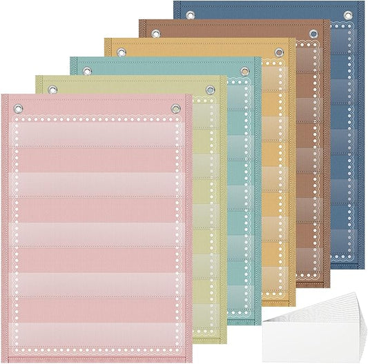 Gueevin 6 Set Magnetic Pocket Chart with 5 Clear Pockets and 30 Dry Erase Cards Painted Classroom Schedule Pocket Chart for Whiteboard Class Demonstrations(Vintage Color,Stripes Pattern)