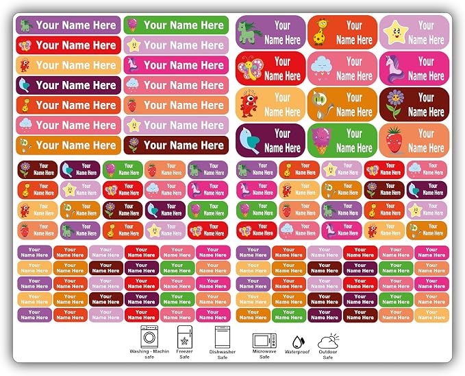 Waterproof Name Labels – Girls, Boys and Kids Icon Designs. 126 Custom Stickers for School, Daycare and Camp. Personalized Labels, Dishwasher and Microwave Safe, Machine Washable.