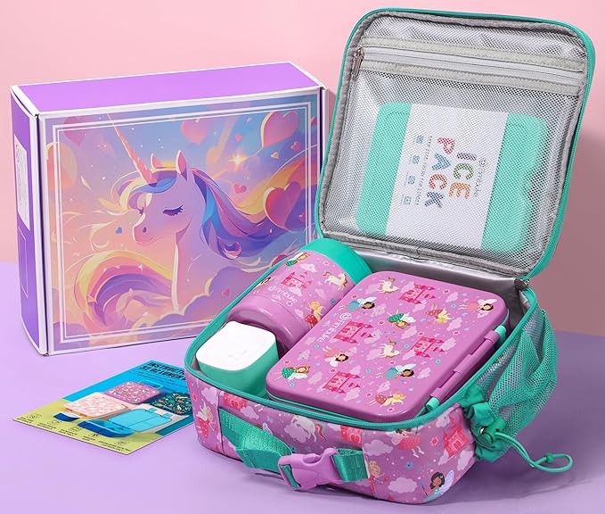 Fimibuke Bento Lunch Box for Kids Toddler Girl with 12OZ Insulated Food Jar | 3-Compartment 32OZ Snack Lunch Container Bento Box, Lunch Bag & Ice Pack Set for Age 3-12 School Daycare Camp, Fairies