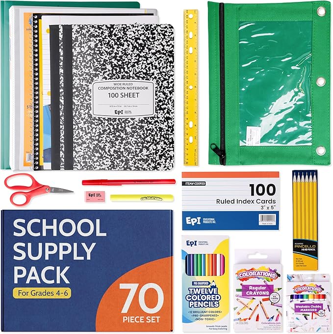 EPI Essentials Back to School Supplies for Kids 4th - 6th Grade – 70 Items in Kit – Elementary School Supply Packs – Wide-Ruled Bundle with Composition Notebooks – Suitable for Homeschooling