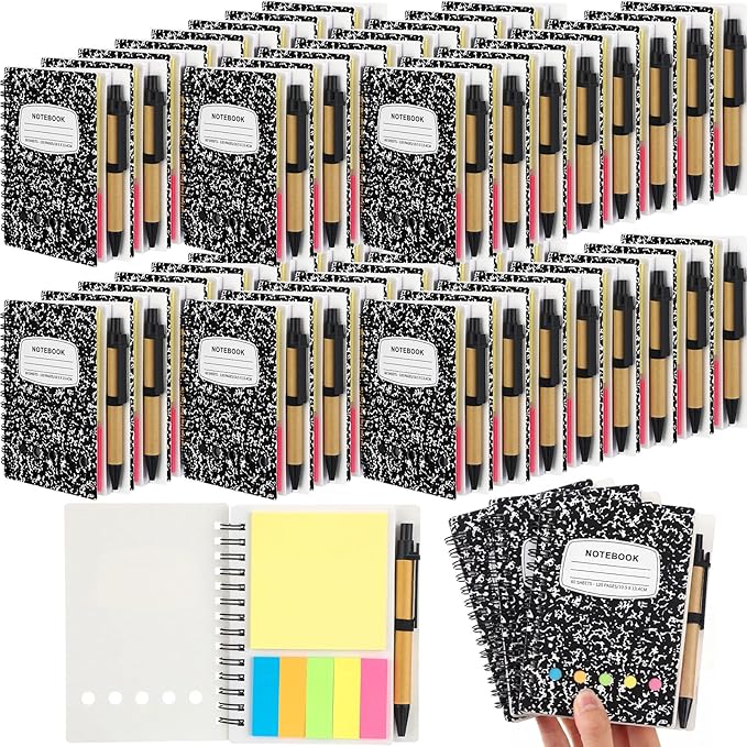 Dunzoom 48 Sets Spiral Notebook Bulk, Steno Pads Lined Notepad with Pen, Sticky Notes Colored Index Tabs, 5.2" x 4.1" Pocket Notebook for Home Business Office Supplies, 60 Sheets (Black)