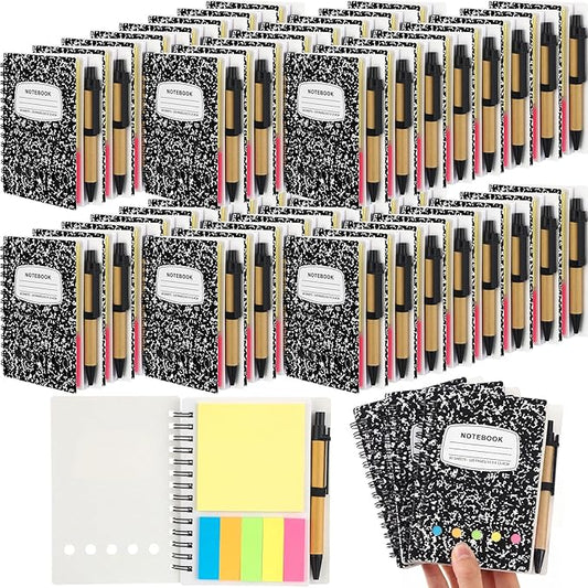Dunzoom 48 Sets Spiral Notebook Bulk, Steno Pads Lined Notepad with Pen, Sticky Notes Colored Index Tabs, 5.2" x 4.1" Pocket Notebook for Home Business Office Supplies, 60 Sheets (Black)