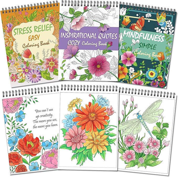 Kalysky Easy and Cozy Adult Coloring Book Set, 3 Pack Stress Relief Coloring Books for Adults Relaxation, Flower Inspirational Quotes Designs.