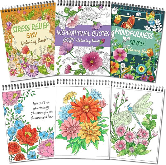 Kalysky Easy and Cozy Adult Coloring Book Set, 3 Pack Stress Relief Coloring Books for Adults Relaxation, Flower Inspirational Quotes Designs.