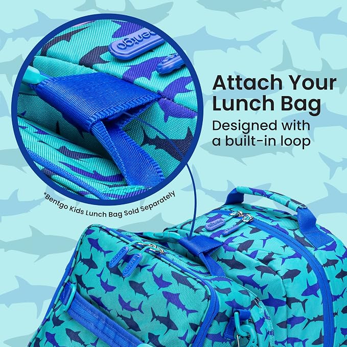 Bentgo Kids Backpack - Lightweight 14” Backpack in Fun Prints for School, Travel, & Daycare, Ideal for Ages 4+, Roomy Interior, Durable & Water-Resistant Fabric, & Loop for Lunch Bag (Shark)