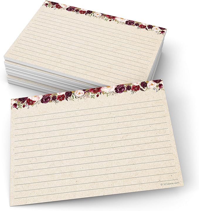 321Done Jumbo Floral Index Cards - Made in USA - Large Size 5x7 (Set of 50), Red Roses Rustic Kraft Tan College-Ruled Lined Notecards Double-Sided, Thick Heavy Duty Cardstock, Simple Note Cards, XL