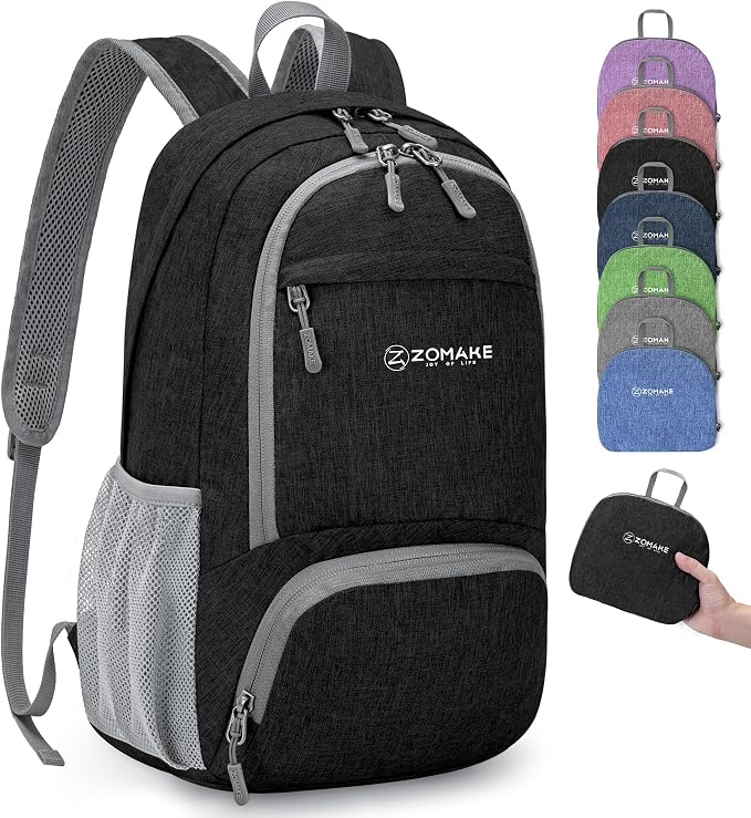 ZOMAKE Lightweight Packable Backpack, 20L Small Foldable Daypack for Hiking | Water Resistant Collapsible Backpacks for Women Men, Everyday Carry, Multi Compartment Storage, Adjustable Strap(Black B2)