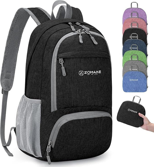 ZOMAKE Lightweight Packable Backpack, 20L Small Foldable Daypack for Hiking | Water Resistant Collapsible Backpacks for Women Men, Everyday Carry, Multi Compartment Storage, Adjustable Strap(Black B2)