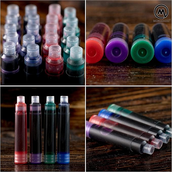 MONAGGIO Extra Ink Cartridges for Most Fountain Pens: 20 Refill Cartridges (5 Red, 5 Green, 5 Blue, 5 Purple) - Calligraphy, Fountain Style, Fine Point, Non-Toxic