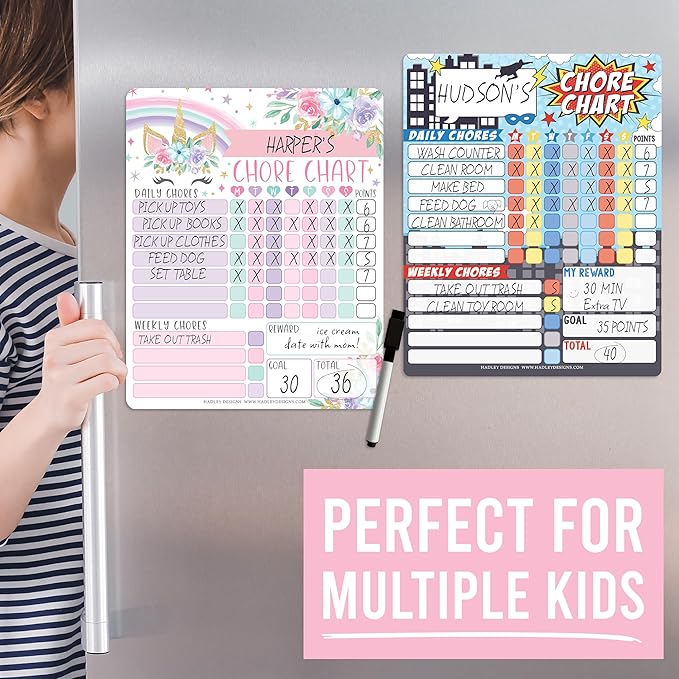 Hadley Designs Magnetic Chore Chart for Kids – Reward Chart for Kids, Dry Erase Responsibility Board for Children at Home, Fridge Behavior Tracker for Daily & Weekly Tasks, Unicorn Toddler Chore Board