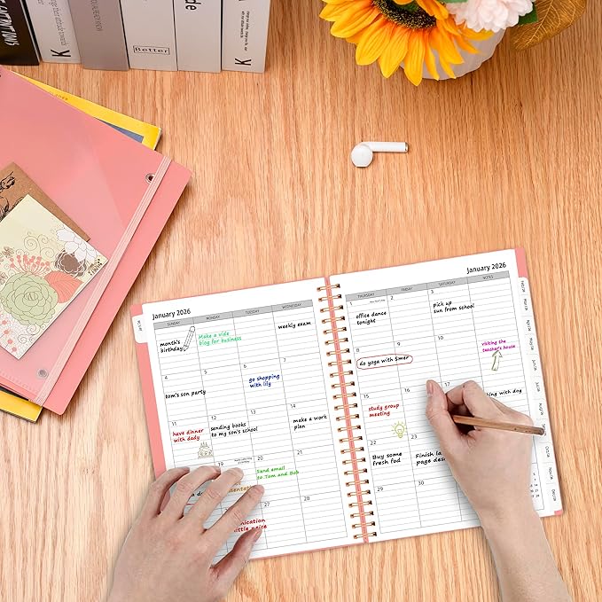 2026 Day Planner, Jan.2026-Dec.2026, 6.2" x 8.4", 2026 Planner Weekly and Monthly, 2026 Agenda Planner with Tabs & Pocket, 100GSM Thick Paper, Pink