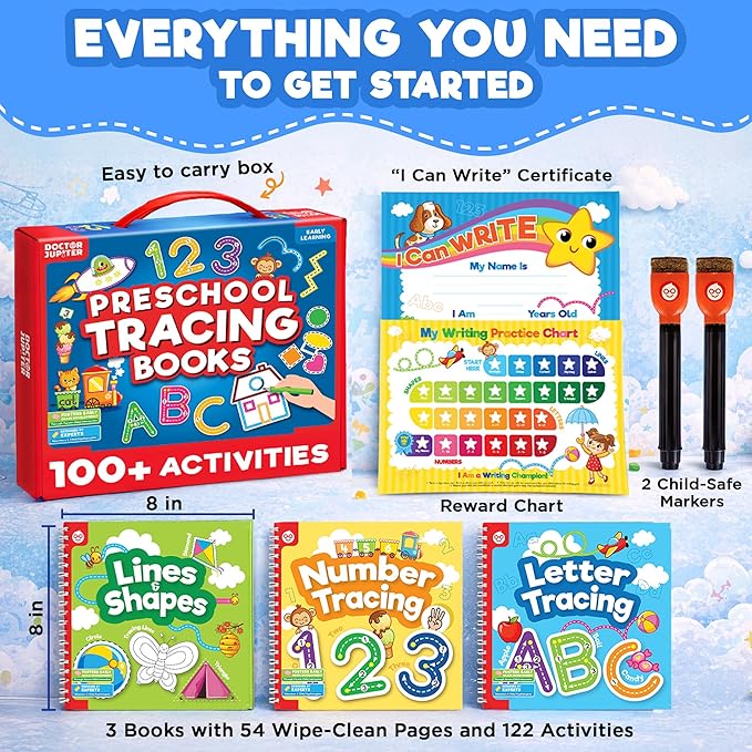 Doctor Jupiter Preschool Tracing Books for Toddlers, 3+ Year Old Kids — Learning Activity Books, Educational Toys, 100+ Wipe Clean Preschool & Kindergarten Activities