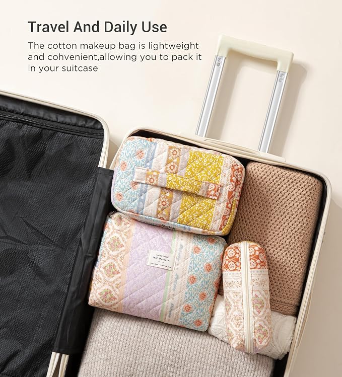HBselect Quilted Makeup Bag, 3Pcs Cotton Large Travel Makeup Bags Organizer | Cute Floral Make up Bag Cosmetic Bag Toiletry Bag for Women Girls, Makeup Pouch for Skincare, Brushes & Travel Essentials