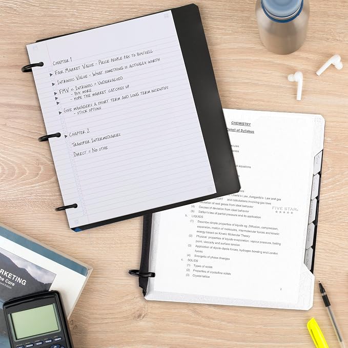 Five Star Flex Refillable Notebook + Study App,College Ruled Paper and 1 Inch TechLock Ring Binder with Customizable Cover,Pockets,Tabs and Dividers,200 Sheet Capacity,White (29326AE2) (Pack of 6)