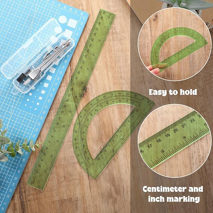 Zonon 3 Pcs Plastic Ruler 6 Inch Protractor Drawing Compass Set, Student Geometry Math Transparent Measuring Tools for Home School Classroom Office Supplies(12 Inch,Green)