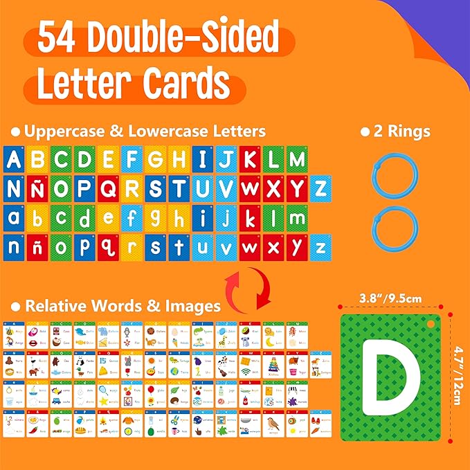 54 Spanish Alphabet Flash Cards, Uppercase & Lowercase Letter Cards, Jumbo Size Letter Sounds Flashcards, Letter Recognition Learning for Kids, Toddlers, Classroom, Preschool, Kindergarten
