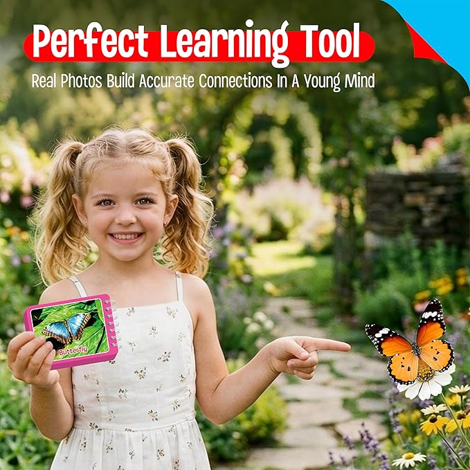 4 Flipbooks for Learning Words, Mini Book Set with Real Pictures, Vocabulary Builder to Learn Verbs, Nouns, Foods, Animals, Double Sided Printed Word Learning Flipbook, Early Educational Tool For Kids