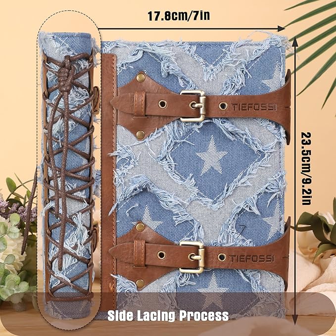 TIEFOSSI Denim Journal for Women Men, Vintage PU Leather Journals, College Ruled Notebook with 6 Ring Binder, Refillable Notebooks with Pockets for School Travel Sketch 7 x 9.2 in
