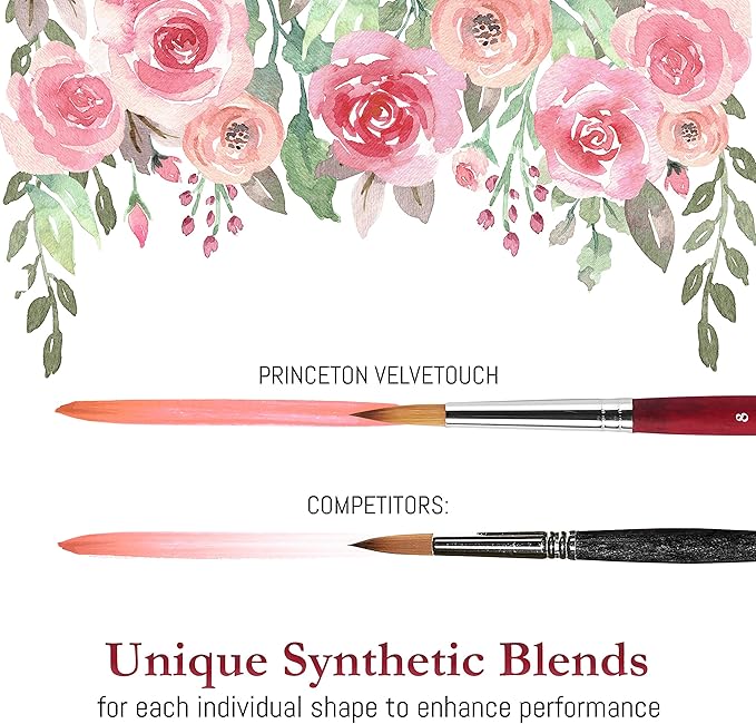 Princeton Velvetouch Series 3950 - 5pc Professional Paint Brushes for Acrylic Painting - Oil, Watercolor & Acrylic Paint Brushes Set - Spotter 5/0, Angle Shader ¼”, Round 8, Filbert 8, Round 2