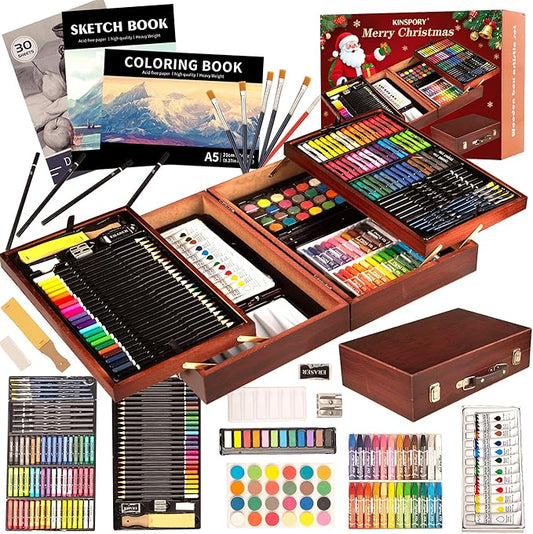 KINSPORY 168 Pack Wooden Art Set, Deluxe Painting Drawing Kit, 3 Coloring Books, Oil Pastels, Watercolor Paints, Art Crafts Supplies, Creative Gift Set for Beginners, Kids, Boys, Girls & Artists (Red)