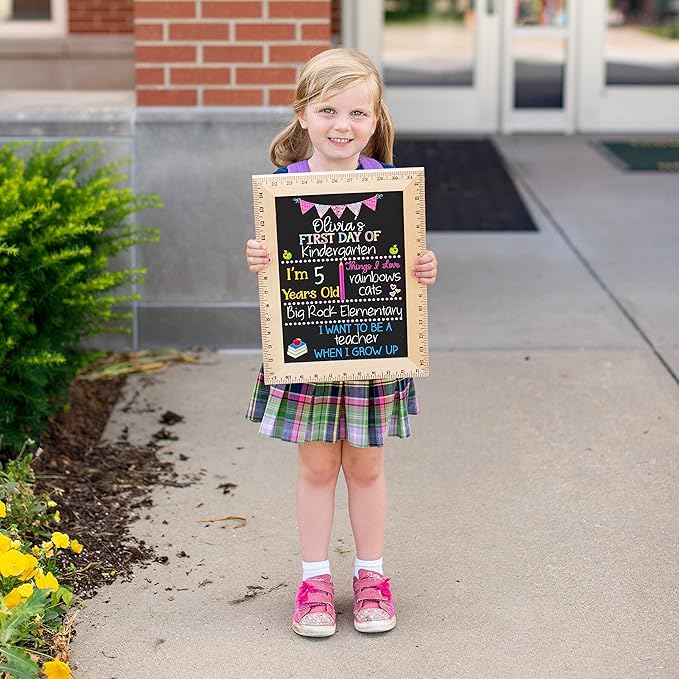 First Day of School Sign (11.5"x15"), Reusable Chalkboard Sign, Easy-to-Clean with Real Wooden Ruler Frame, Handmade in USA by Bloom Owl, Perfect for Back to School, First Day of Kindergarten Girl