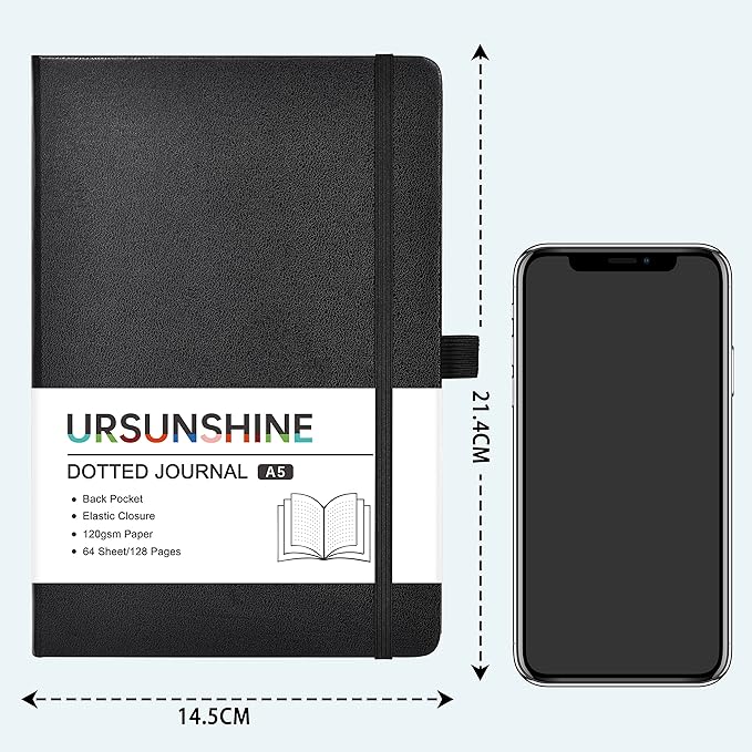 Dotted Journal/Notebook - Dot Grid Hard Cover Notebook, Premium Thick Paper with Fine Inner Pocket, Black Smooth Faux Leather, Pen Loop, 5.3''×8.26'' - Black