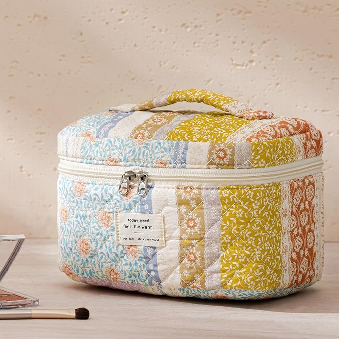 HBselect Quilted Makeup Bag, 3Pcs Cotton Large Travel Makeup Bags Organizer | Cute Floral Make up Bag Cosmetic Bag Toiletry Bag for Women Girls, Makeup Pouch for Skincare, Brushes & Travel Essentials