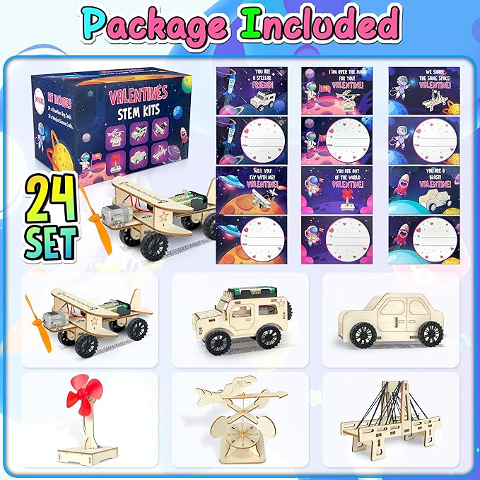 kortes Valentines Day Cards for Kids Classroom, 24 Pack Valentines Gift Cards with Stem Kits, Valentine's Party Favors Toys for Boys Girls and Valentine School Exchange Gifts Greeting Cards