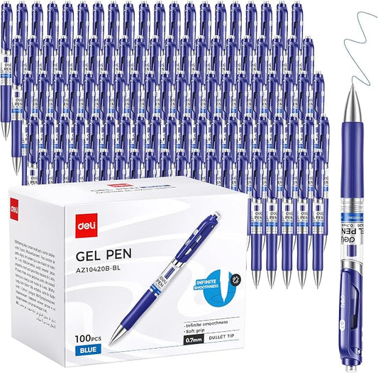 deli Gel Pens, 100 Pcs 0.7mm Retractable Pens Blue Ink | Medium Point Pen, Smooth Writing, Fast Dry, No Bleed for Journaling Note Taking, Home School Office Supplies