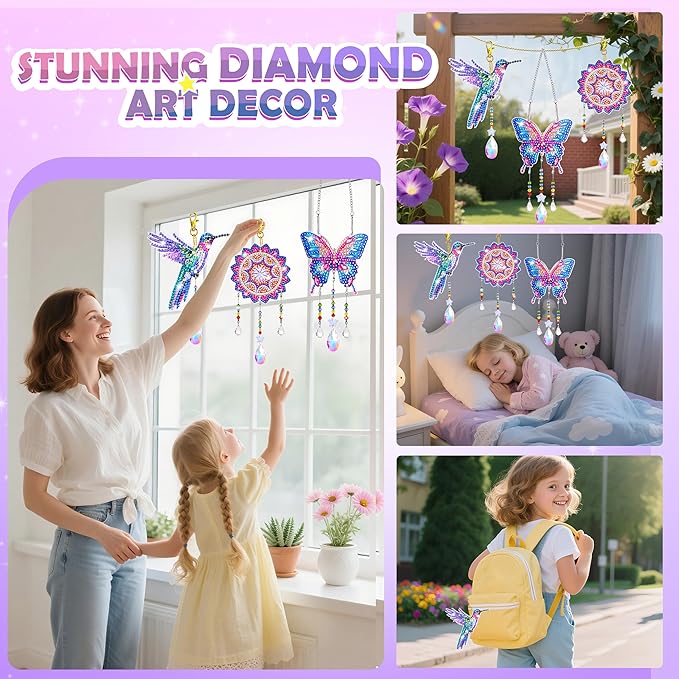 Crafts for Girls 8-12, Diamond Art Kits for Girls Ages 10-12, 3 PCS Diamond Art, DIY Suncatchers & Wind Chime Kits for Kids, Great Arts & Crafts Birthday Gift, Pretty Home/Garden/Backpack décor