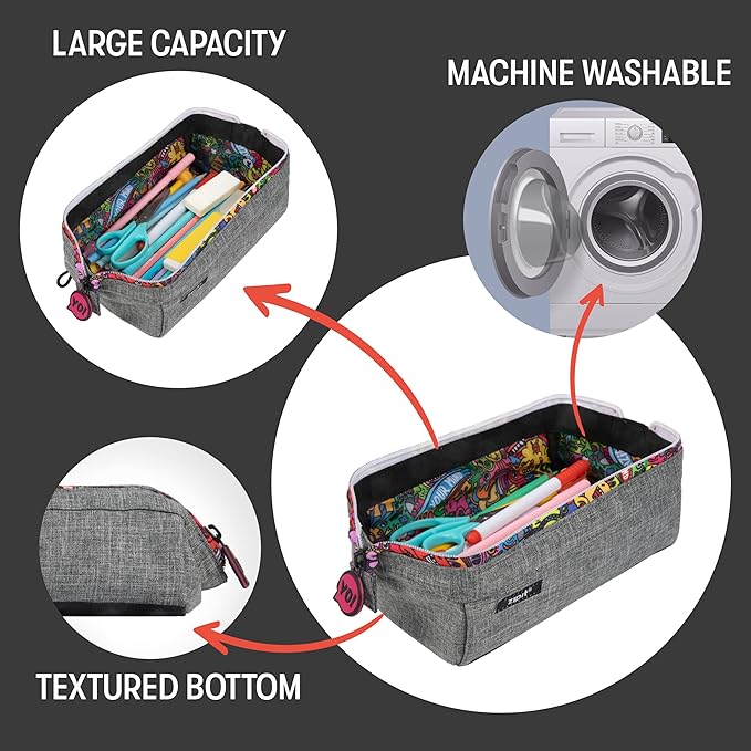 ZIPIT: Lenny Pencil Case - Grey & Doodles - Large Storage Capacity Zipper Pouch, Makeup-Stationery Bag, School, Washable Polyester, Kids-Teens-Adults