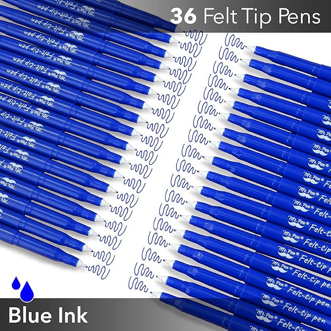 Mr. Pen- Felt Tip Pens, 36 Pack, 0.7 mm, Blue Felt Tip Pens Bulk, Fast Dry, No Smear, Planner Markers for Underlining, Writing, Drawing, Journaling Supplies
