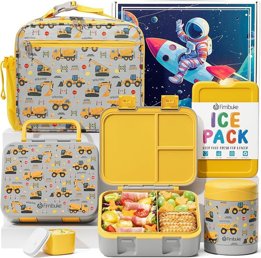 Fimibuke Bento Lunch Box for Kids Toddler Boys with 12OZ Insulated Food Jar | 3-Compartment 32OZ Snack Lunch Container Bento Box, Lunch Bag & Ice Pack Set for Age 3-12 School Daycare, Construction Trucks