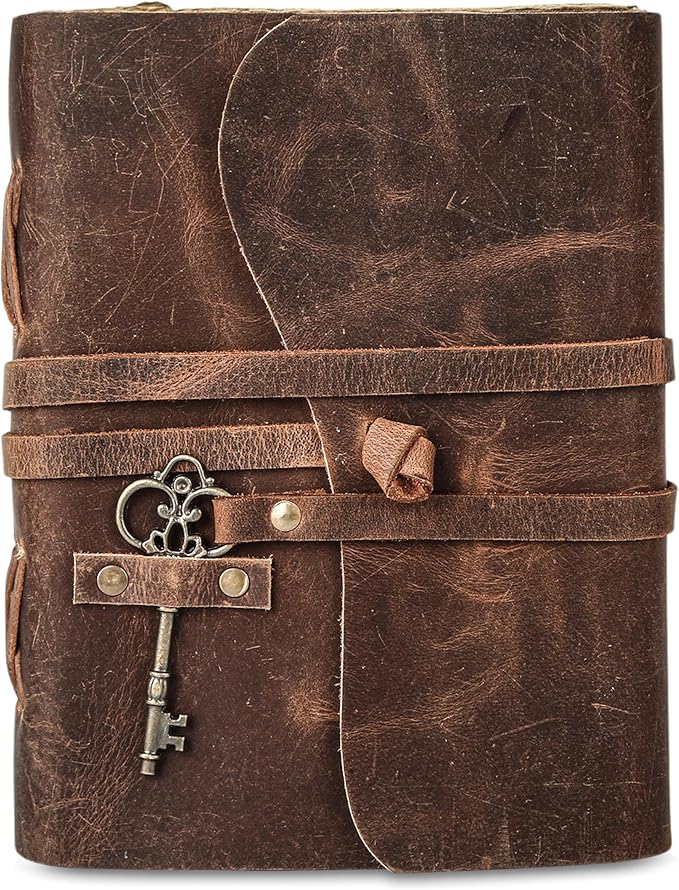 Leather Journal with Deckle Edge Paper 8x6 inch and Vintage Key | Handmade Writing Notebook Diary | Bound Daily Notepad for Men & Women Medium, Sketch/Writing pad for Artists