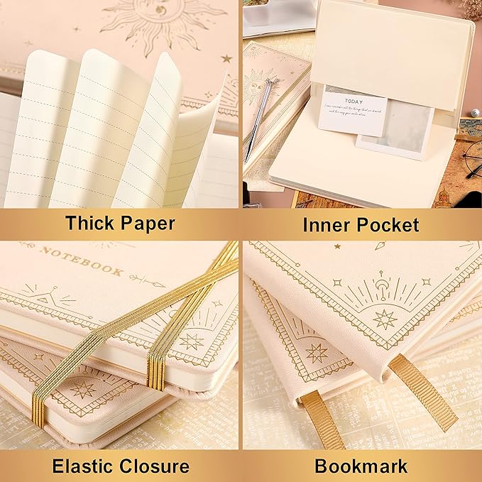 Ruled Notebook/Journal – Premium Thick Paper Faux Leather Classic Writing Notebook with Pocket + Page Dividers Gifts, Banded, Large, 144 Pages, Hard Cover, Lined (5.8 x 8.4) - White Sun Goddess